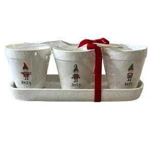 RAE DUNN Ceramic Pot Planter Holly Jolly Hope Elves On Tray Christmas Gnomes NEW